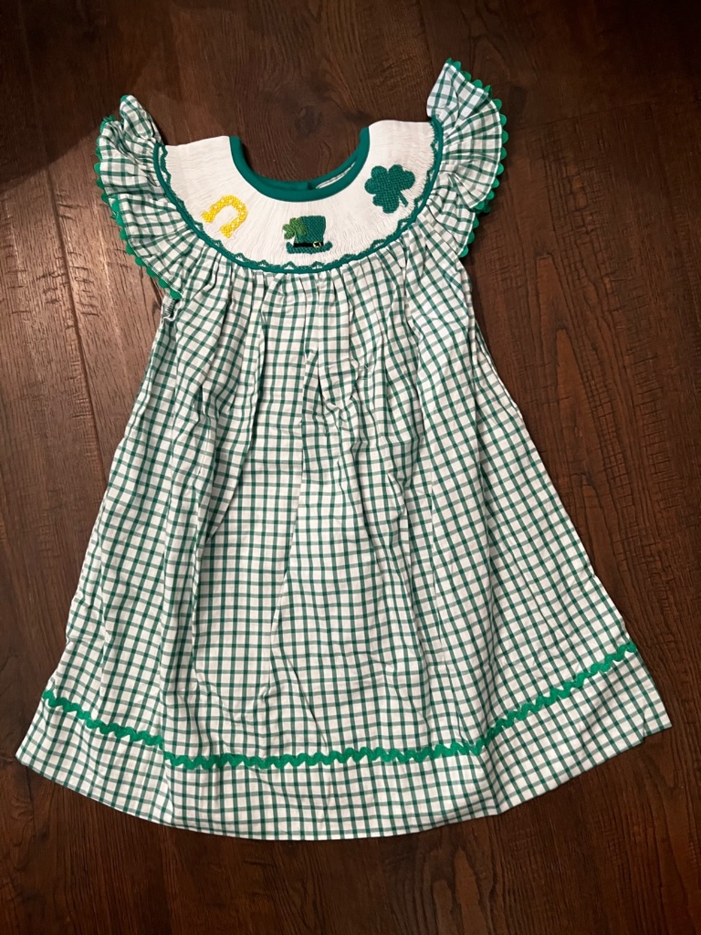 Green Gingham Ruffle-Yoke Girls Dress with Shamrock Detail